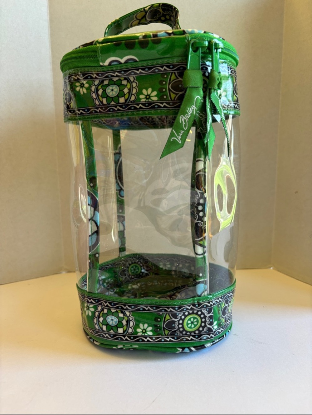 Vera Bradley Green Floral Clear Cylinder Cosmetic Bag